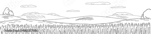 Field graphic black white landscape long sketch illustration vector 