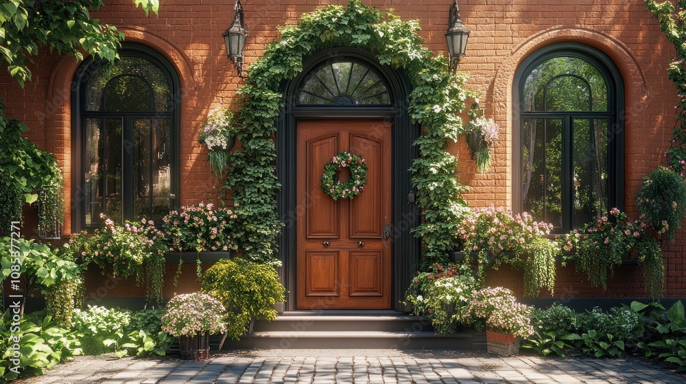 Charming brick entrance adorned with greenery and flowers. Charming brick entrance adorned with greenery and flowers.