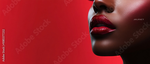 Sensual Closeup of Womans Lips with Red Lipstick on Red Background