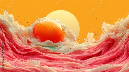 Sunrise Over Candy Clouds: A surreal and vibrant digital art piece depicts a giant egg yolk rising above fluffy, candy-colored clouds, with a glowing sun in the distance. photo