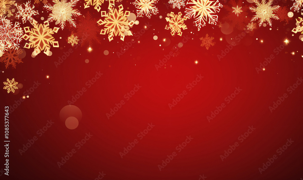 Copy space for text with a garland and golden snowflakes. Red Christmas holiday background. Design element for Christmas and New Year cards, banners. Copy space for text with a garland and golden snowflakes. Red Christmas holiday background. Design element for Christmas and New Year cards, banners.