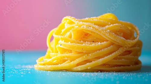 Delectable Cacio e Pepe: A close-up shot of perfectly cooked cacio e pepe pasta, glistening with parmesan cheese and black pepper, set against a vibrant teal and pink backdrop. photo