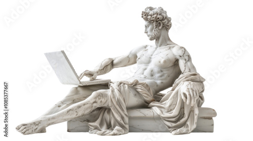 A marble statue of a Greek man working on a laptop on white transparent background

 photo