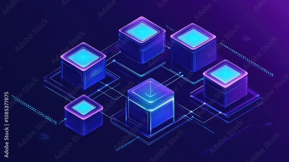 Abstract illustration of interconnected data servers, glowing with vibrant blue and purple hues against a dark background. A network of digital information exchange. Abstract illustration of interconnected data servers, glowing with vibrant blue and purple hues against a dark background. A network of digital information exchange.