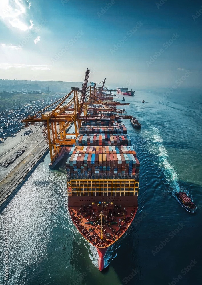 Fototapeta premium Large container ship docked at a bustling port terminal