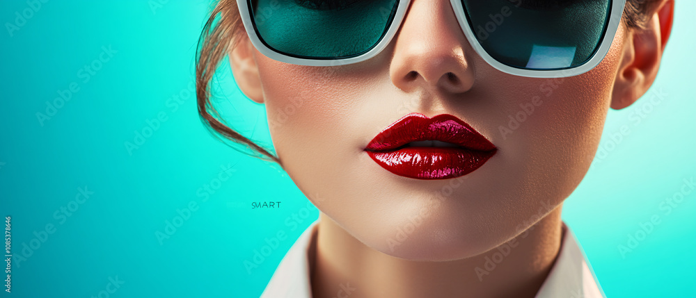 Closeup of Womans Face with Red Lips and White Sunglasses Closeup of Womans Face with Red Lips and White Sunglasses