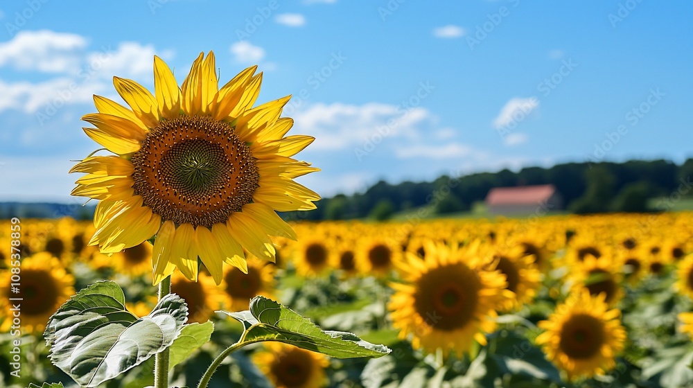 Obraz premium Vibrant Sunflower Field Under a Clear Blue Sky
