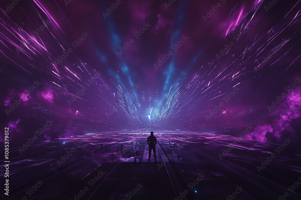 Fototapeta premium Futuristic concert scene, high-angle perspective, captivating light projections blending with innovative technologies, lively atmosphere