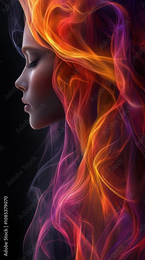 A profile of a woman with vibrant, flowing hair resembling flames. A profile of a woman with vibrant, flowing hair resembling flames.