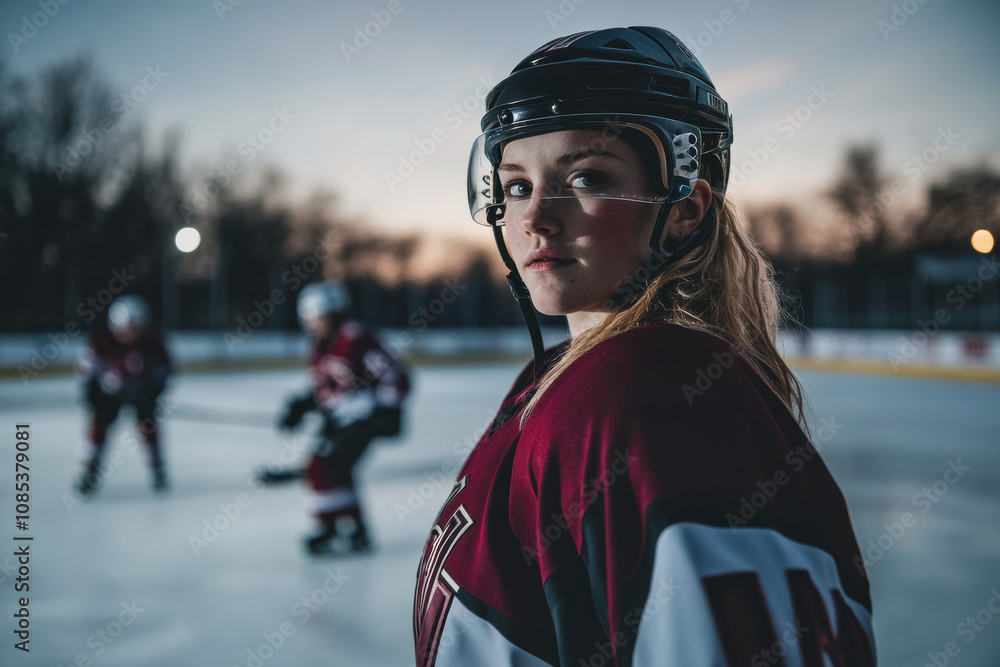 A girl in an ice hockey uniform is seen in close-up, her intense focus standing out against the softly blurred ice rink behind her. A girl in an ice hockey uniform is seen in close-up, her intense focus standing out against the softly blurred ice rink behind her.