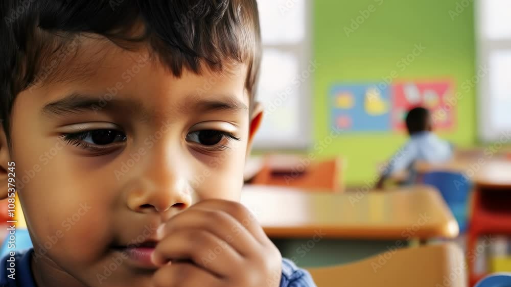 Curious child expressing emotions in a colorful classroom environment Curious child expressing emotions in a colorful classroom environment