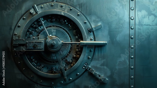 A close-up view of a large, industrial vault door with a combination lock mechanism.