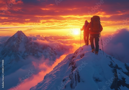 hikers silhouetted at a mountain summit during sunset, making it perfect for outdoor campaigns promoting teamwork and accomplishment.