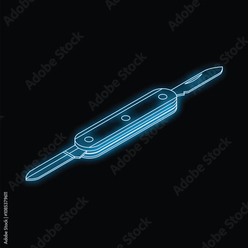 Neon blue pocket knife with its blades out, glowing on a black background
