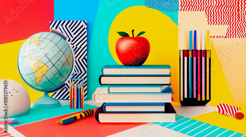 Back-to-school collage featuring a stack of books, vibrant school supplies like pens, notebooks, and highlighters, alongside a globe and an apple. photo