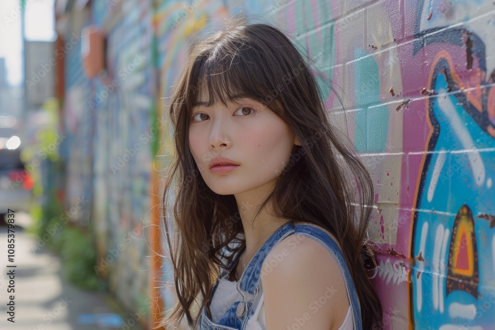 Exuding cool confidence, a young woman with black hair in denim overalls stands boldly against a graffiti covered wall, matching the urban, artistic setting. Exuding cool confidence, a young woman with black hair in denim overalls stands boldly against a graffiti covered wall, matching the urban, artistic setting.