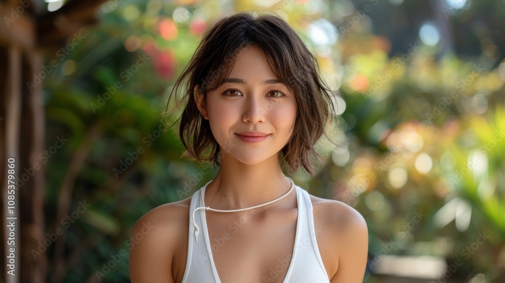 A cheerful Asian woman and a bright smile is standing outdoors, bathed in natural sunlight. The soft green bokeh nature background adds warmth and a serene atmosphere to the image. A cheerful Asian woman and a bright smile is standing outdoors, bathed in natural sunlight. The soft green bokeh nature background adds warmth and a serene atmosphere to the image.