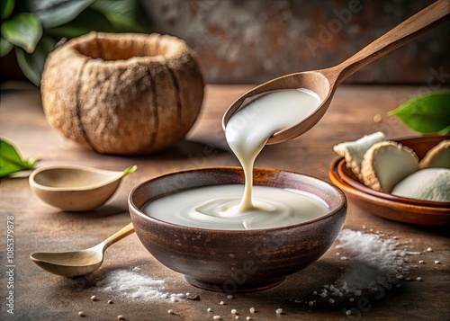 Creamy Coconut Milk Pouring into Minimalist Ceramic Bowl - Macro Photography of Deliciousness and Texture in Food Art