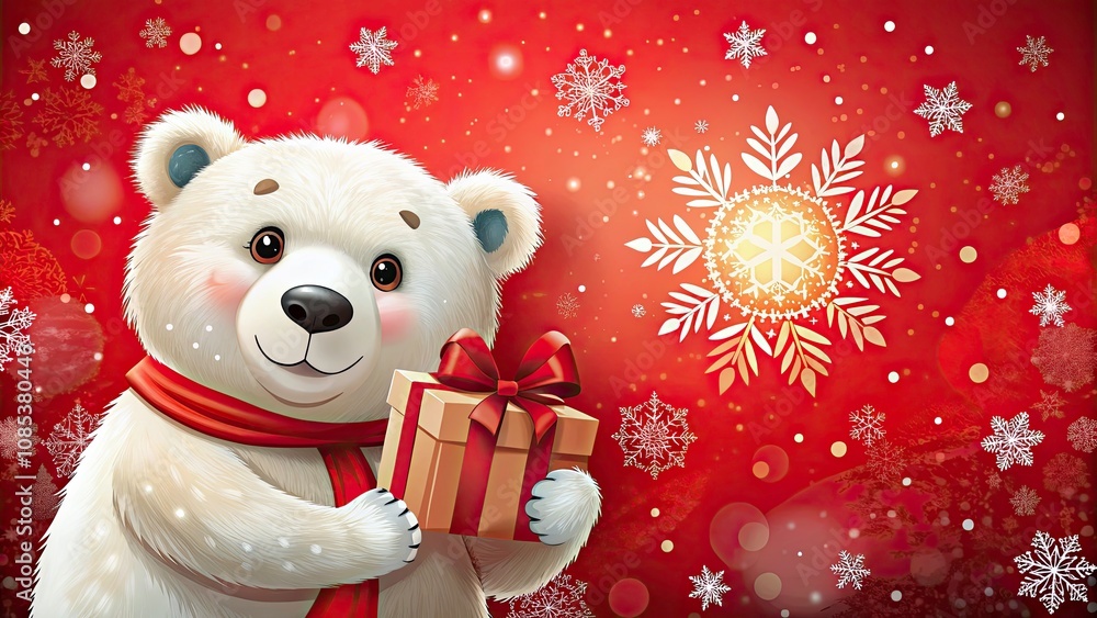 Cute Cartoon Polar Bear with Christmas Gift Box on Snowy Red Background - Ideal for Holiday Greetings and Festive Designs Cute Cartoon Polar Bear with Christmas Gift Box on Snowy Red Background - Ideal for Holiday Greetings and Festive Designs