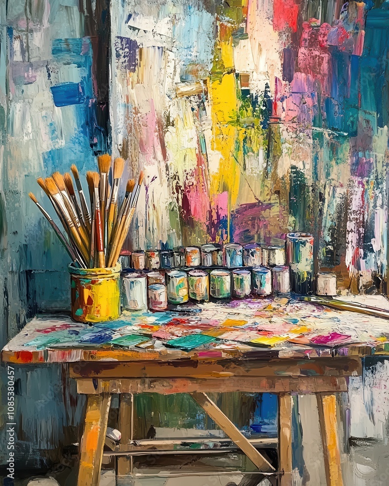 An intimate glimpse into an artist's studio brimming with vibrant paint tubes, brushes, and a canvas that reflects the essence of creativity. An intimate glimpse into an artist's studio brimming with vibrant paint tubes, brushes, and a canvas that reflects the essence of creativity.