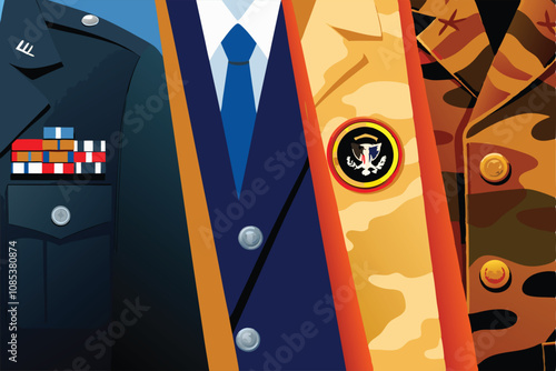 Design a collage background featuring diverse military uniforms from various eras and nations, emphasizing texture and detail.  Aim for a gritty, realistic aesthetic.