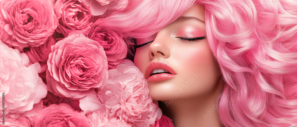 Serene PinkHaired Woman Surrounded by Delicate Roses Serene PinkHaired Woman Surrounded by Delicate Roses