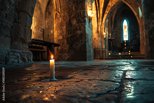 Dünne Wachskerze auf Steinboden in Kirche photo