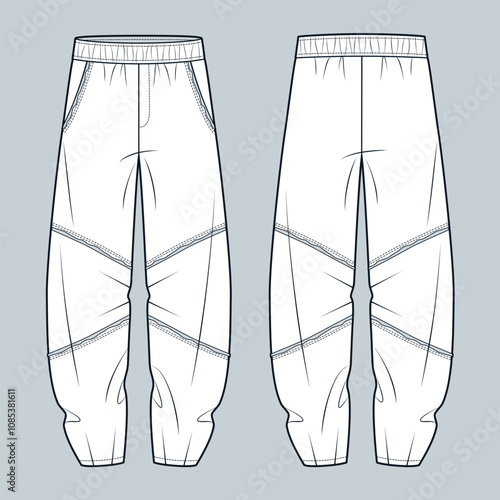 Jogger Pants fashion flat technical drawing template. Wide Leg Pants technical fashion illustration, elastic waistband, pockets, raw seams, front and back view, white, women, men, unisex CAD mockup.