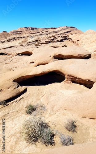 A beautiful desert plain with unique rock formations and sparse vegetation under a clear, sunny sky.
