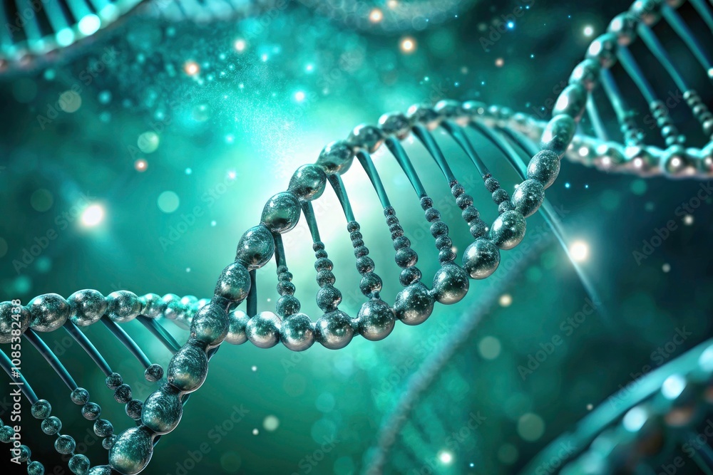 Elegant DNA Structure on Teal Background, Vibrant Design for Scientific Themes, Educational Materials, Genetic Research, Biology, Science, Education, Informative Graphics