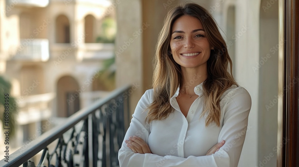 Smiling Young Woman in White Shirt on Balcony Overlooking Elegant Architectural Design and Lush Greenery in a Sunny Outdoor Setting Smiling Young Woman in White Shirt on Balcony Overlooking Elegant Architectural Design and Lush Greenery in a Sunny Outdoor Setting