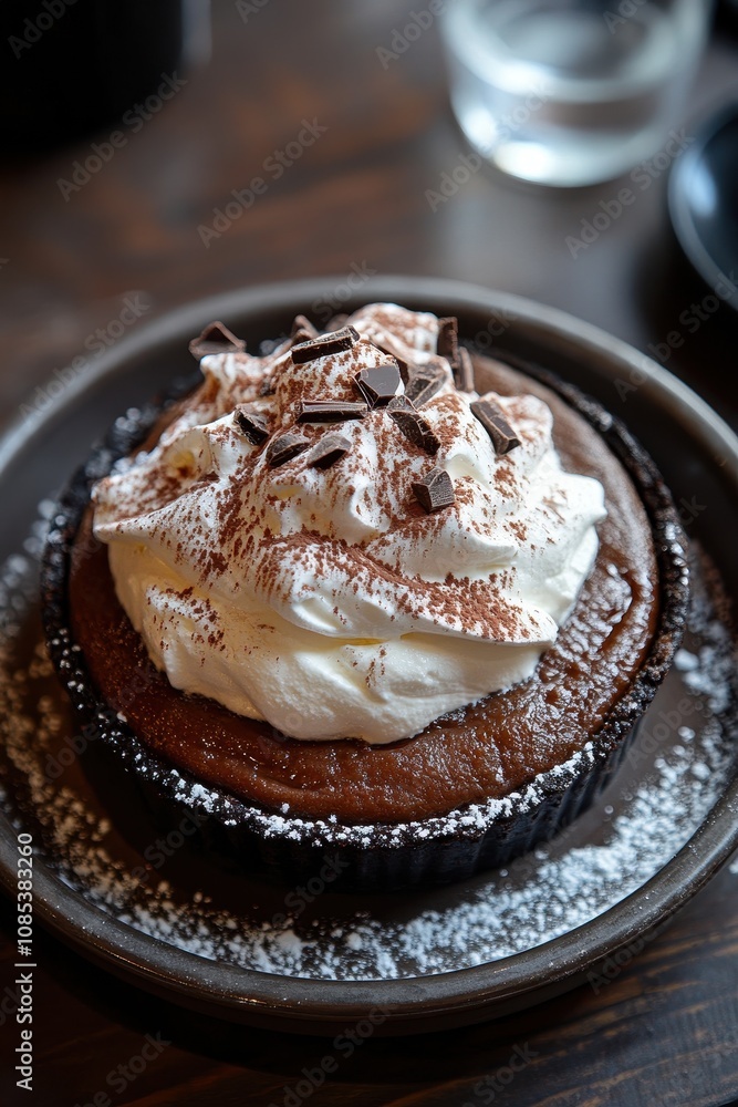 Freshly baked chocolate pie topped with whipped cream, perfect for dessert lovers Freshly baked chocolate pie topped with whipped cream, perfect for dessert lovers