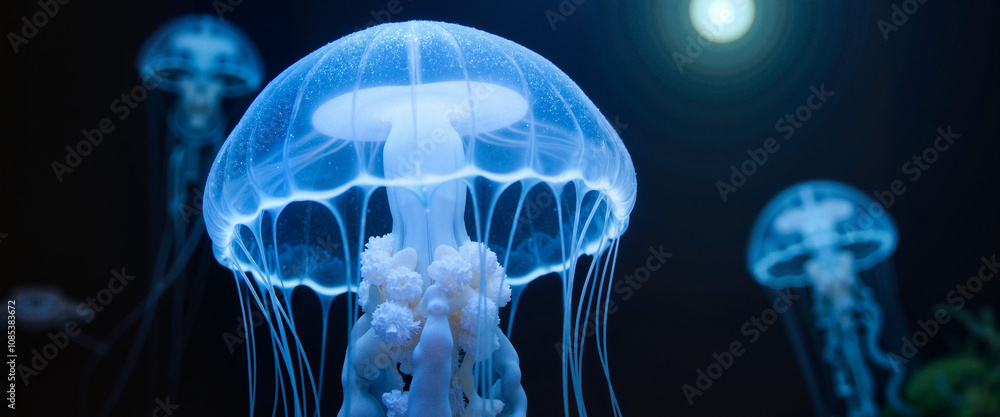Bioluminescent jellyfish in deep sea, ethereal underwater beauty Bioluminescent jellyfish in deep sea, ethereal underwater beauty