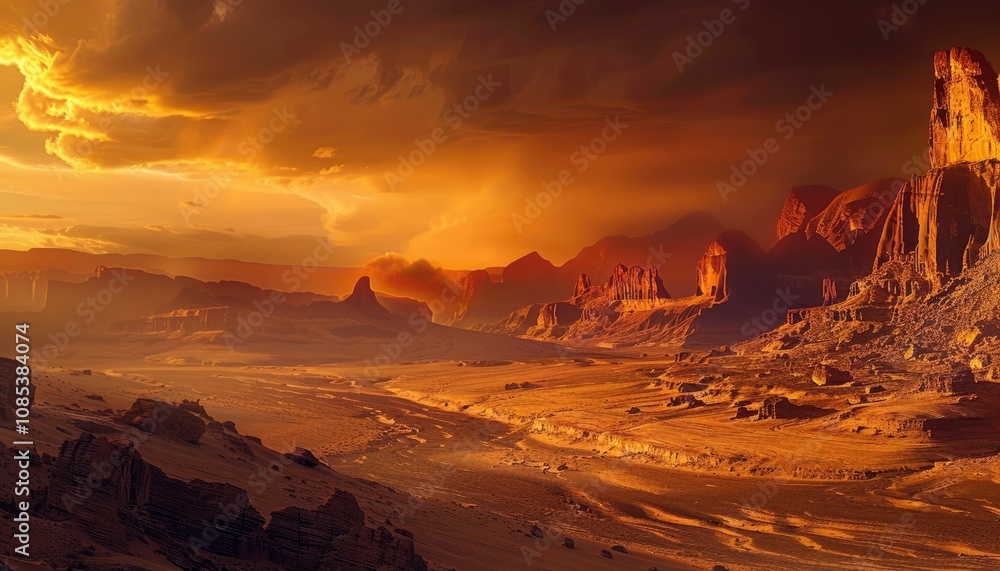 Martian Landscape with Dramatic Sunset and Towering Rock Formations Martian Landscape with Dramatic Sunset and Towering Rock Formations