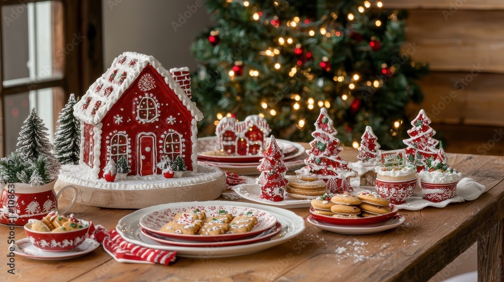 Festive Holiday Table Set With Gingerbread Houses and Cookies for Winter Celebration Festive Holiday Table Set With Gingerbread Houses and Cookies for Winter Celebration