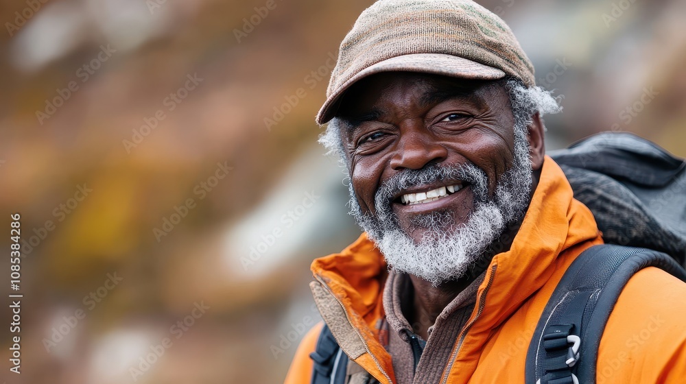 Angry old black man with a smile on his face while hiking on a mountain. Stock image. Angry old black man with a smile on his face while hiking on a mountain. Stock image.