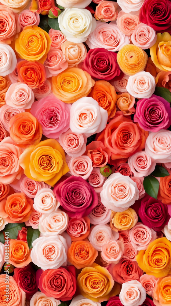 A vibrant and colorful pattern of roses in various shades A vibrant and colorful pattern of roses in various shades