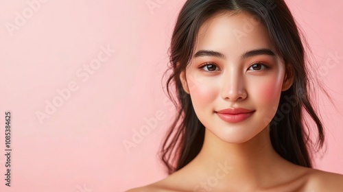 An Asian woman poses with impeccable skin against a pastel pink backdrop, reflecting skincare excellence and elegance in a commercial context.