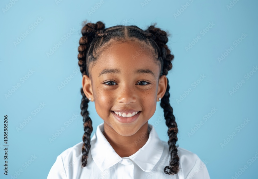 A confident young black girl in a casual cloth smiles warmly against a blue green turquoise background, ideal for promoting inclusivity and positivity in educational campaigns. A confident young black girl in a casual cloth smiles warmly against a blue green turquoise background, ideal for promoting inclusivity and positivity in educational campaigns.