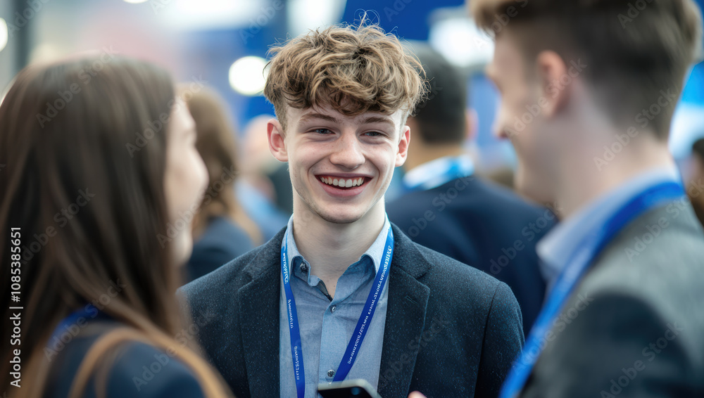 A lively conversation between three suited professionals at a trade fair, their staff lanyards visible, reflecting the collaborative and laid-back nature of corporate networking events. A lively conversation between three suited professionals at a trade fair, their staff lanyards visible, reflecting the collaborative and laid-back nature of corporate networking events.