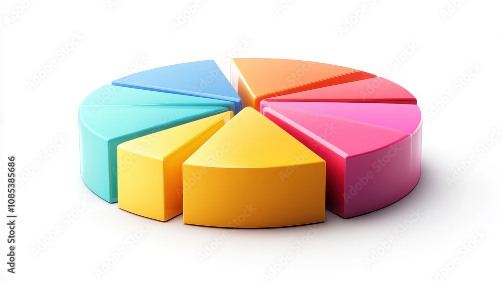 Obraz premium Colorful interactive pie chart on a white background, illustrating data segments for visual analysis.