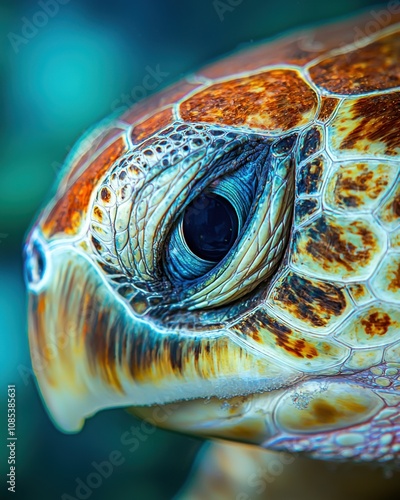 Close-up View of a Sea Turtle\'s Eye Underwater Revealing Intricate Details and Colors photo