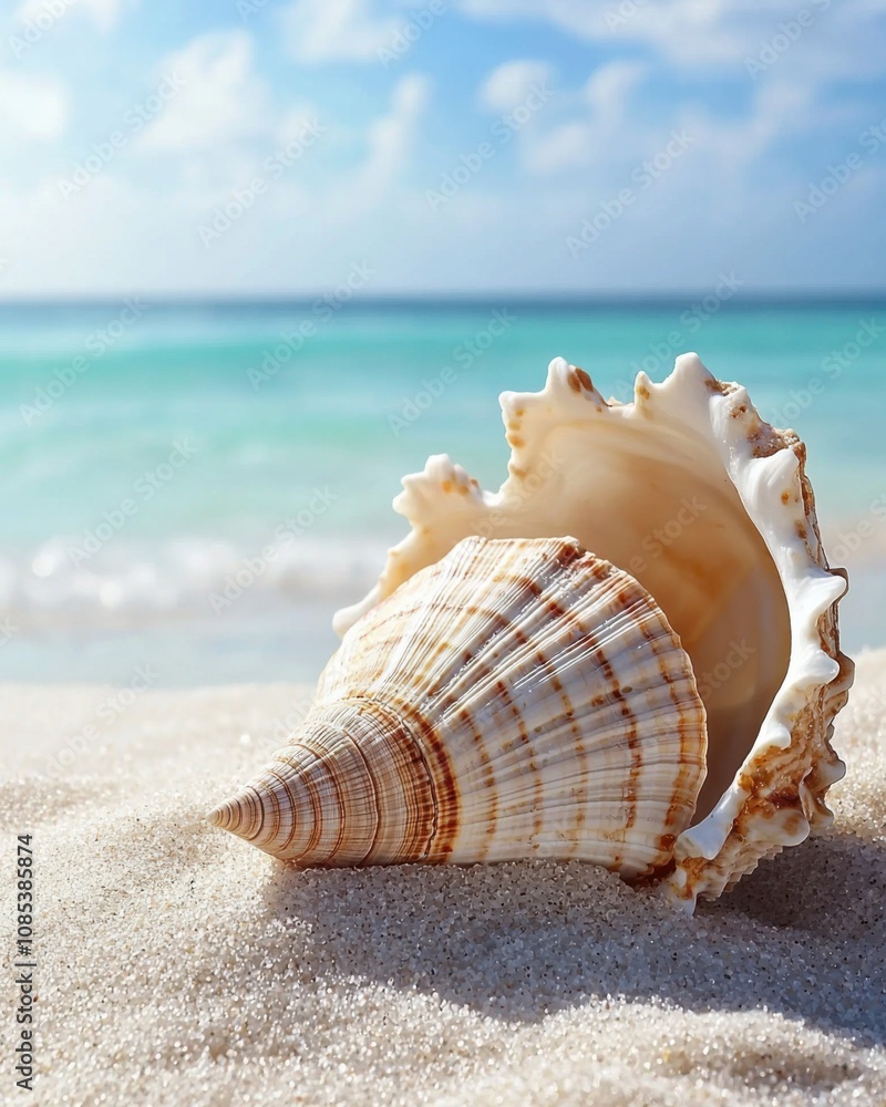 Close-up View of a Beautiful Seashell Resting on Fine Sandy Beach Near Tranquil Ocean Waves Close-up View of a Beautiful Seashell Resting on Fine Sandy Beach Near Tranquil Ocean Waves