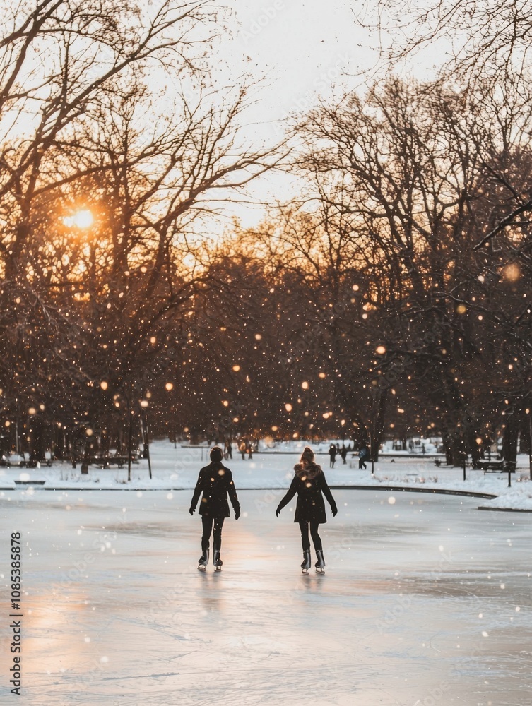 A Couple Enjoying a Romantic Winter Date While Ice Skating at Sunset in a Snowy Park A Couple Enjoying a Romantic Winter Date While Ice Skating at Sunset in a Snowy Park
