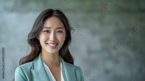 An Asian woman in a pastel green suit smiles warmly at the camera, her confident stance highlighted by the cool, grey-green studio background.