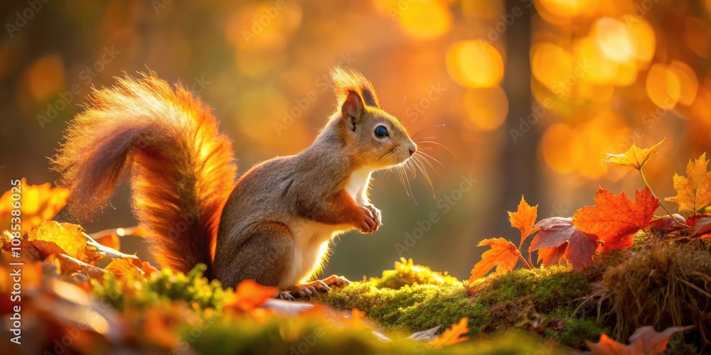 Obraz premium Eurasian Red Squirrel in Autumn Forest - Low Light Photography of Wildlife Amidst Warm Colors and Nature's Beauty