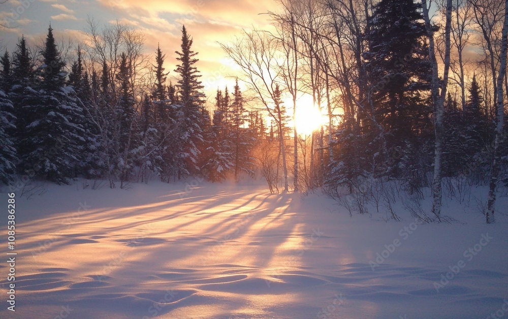 Naklejka premium Serene Winter Sunrise Illuminating Snow-Covered Landscape in a Tranquil Forest
