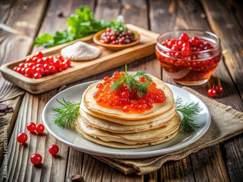 Exquisite Russian Blini with Caviar on White Plate - Elegant Culinary Experience of Crepes and Red Caviar on Rustic Wooden Table