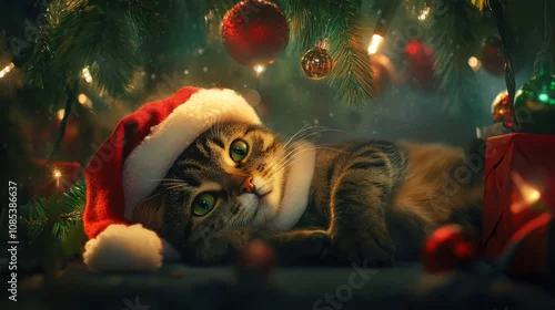 Fototapeta samoprzylepna A cute tabby cat wearing a Santa hat lounges under a Christmas tree, surrounded by glowing lights and festive decorations