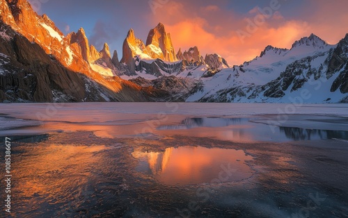 Snowy Mountain Range Reflects Vibrant Sunrise Colors Over Icy Lake in Early Morning Tranquility photo